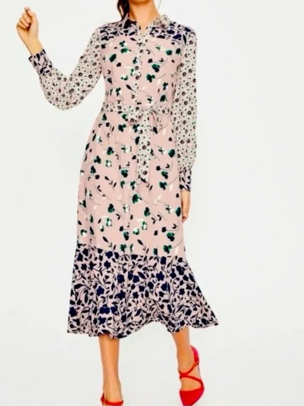 Boden Sybil Long Sleeve Floral Midi Dress Pink Green Button Collared Size‎ 8